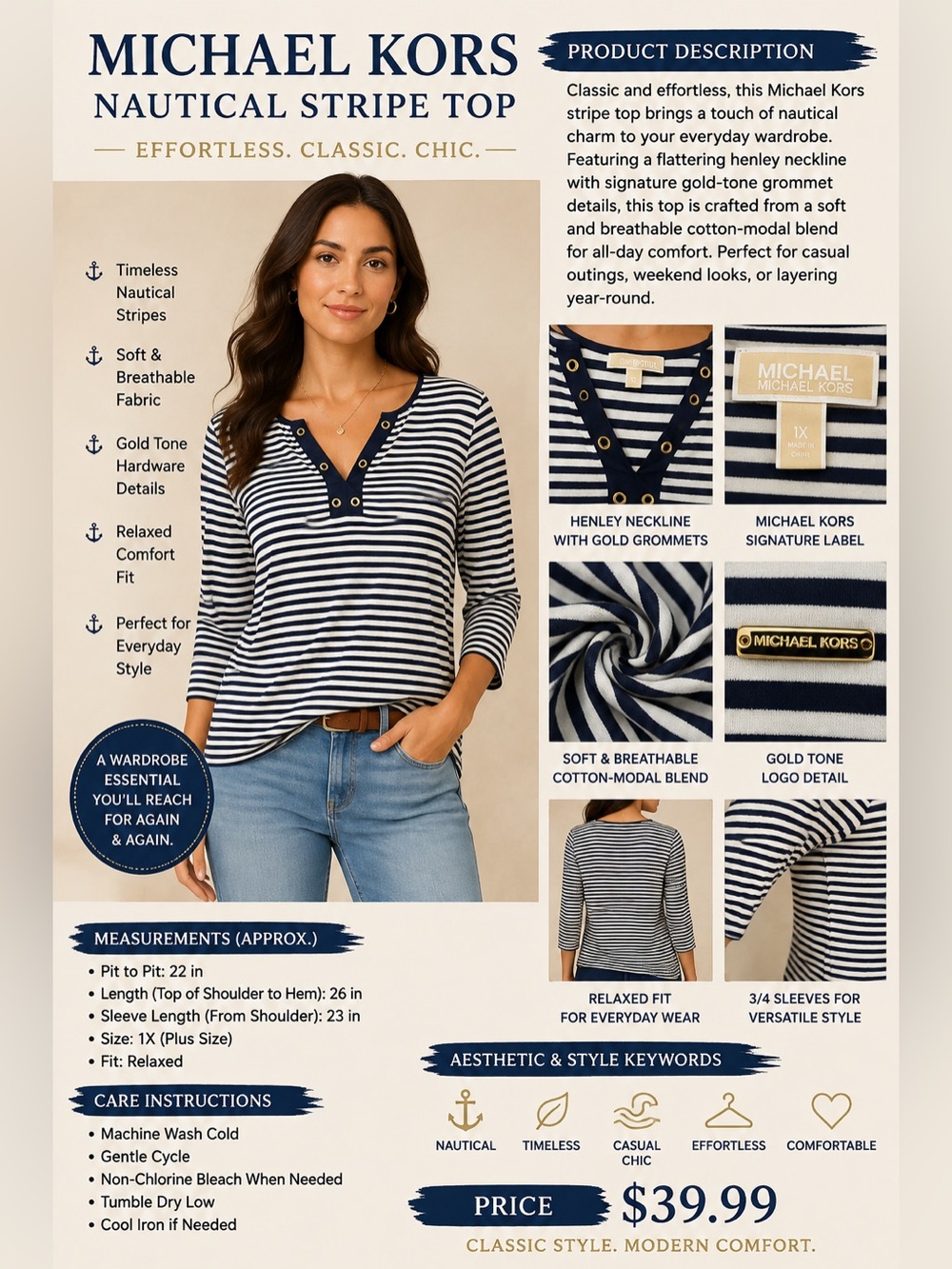 Michael Kors Navy & White Striped Long Sleeve Henley Top
